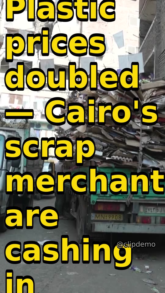 Vertical clip with a yellow headline reading 'Plastic prices have doubled in Cairo' over video footage, captions burned in